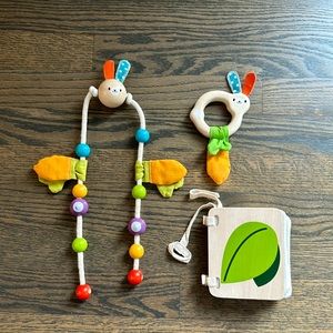 PlanToys 3 Wooden Baby Toys - Bunny with Rope, Bunny Rattle, Nature Book